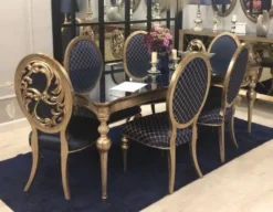 Casa Padrino Luxus Barock Esszimmer Set Blau / Antik Gold - 1 Esszimmertisch & 6 Esszimmerstühle - Barock Esszimmer Möbel - Edel & Prunkvoll