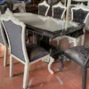 Casa Padrino Luxus Barock Esszimmer Set Creme / Blau / Gold - 1 Barock Esstisch & 6 Barock Esszimmerstühle - Luxus Esszimmer Möbel im Barockstil - Prunkvolle Barock Esszimmer Möbel