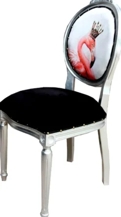 Casa Padrino Luxus Barock Esszimmer Set Flamingo mit Krone Schwarz / Mehrfarbig / Silber 48 x 50 x H. 98 cm - 6 handgefertigte Esszimmerstühle mit Bling Bling Glitzersteinen - Barock Esszimmermöbel