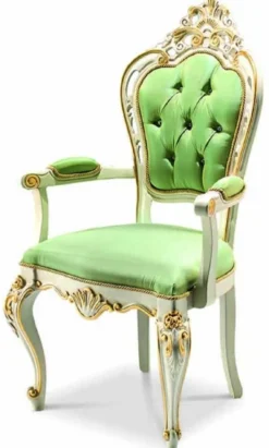 Casa Padrino Luxus Barock Esszimmer Stuhl mit Armlehnen Grün / Weiß / Gold - Made in Italy