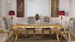 Casa Padrino Luxus Barock Esszimmer Set Blau / Weiß / Braun / Gold - 1 Barock Esstisch & 6 Barock Esszimmerstühle - Barock Esszimmer Möbel - Luxus Möbel im Barockstil - Edel & Prunkvoll