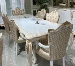 Casa Padrino Luxus Barock Esszimmer Set Weiß / Gold - 1 Barock Esstisch & 6 Barock Esszimmerstühle - Barock Esszimmer Möbel - Edel & Prunkvoll