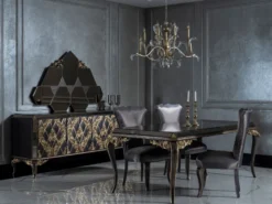 Casa Padrino Luxus Barock Esszimmer Set Blau / Schwarz / Gold - 1 Esstisch mit Glasplatte & 6 Esszimmerstühle - Edle Esszimmer Möbel im Barockstil