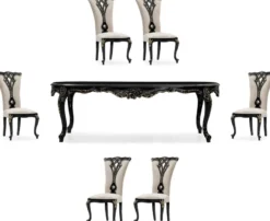 Casa Padrino Luxus Barock Esszimmer Set Creme / Schwarz / Gold - 1 Barock Esstisch & 6 Barock Esszimmerstühle - Luxus Esszimmer Möbel im Barockstil - Prunkvolle Barock Esszimmer Möbel