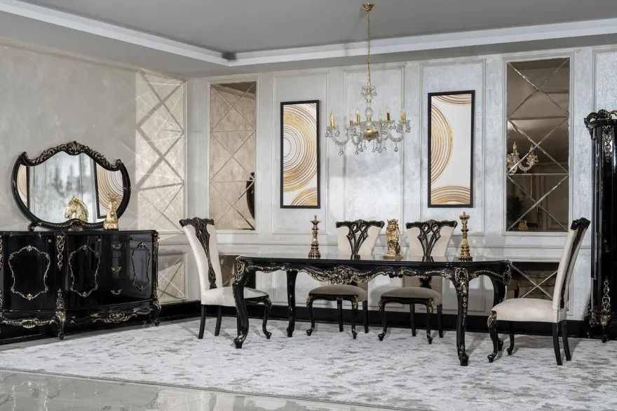 Casa Padrino Luxus Barock Esszimmer Set Creme / Schwarz / Gold - 1 Barock Esstisch & 6 Barock Esszimmerstühle - Luxus Esszimmer Möbel im Barockstil - Prunkvolle Barock Esszimmer Möbel