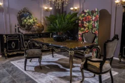 Casa Padrino Luxus Barock Esszimmer Set Silber / Schwarz / Gold - 1 Esstisch & 6 Esszimmerstühle - Prunkvolle Esszimmer Möbel im Barockstil