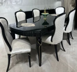 Casa Padrino Luxus Barock Esszimmer Set Creme / Schwarz / Gold - 1 Esstisch & 6 Esszimmerstühle