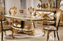 Casa Padrino Luxus Barock Esszimmer Set Weiß / Mehrfarbig / Blau / Gold - 1 Barock Esstisch & 6 Barock Esszimmerstühle - Barock Esszimmer Möbel - Edel & Prunkvoll