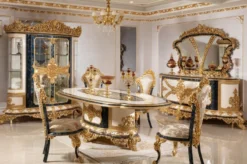 Casa Padrino Luxus Barock Esszimmer Set Weiß / Mehrfarbig / Blau / Gold - 1 Barock Esstisch & 6 Barock Esszimmerstühle - Barock Esszimmer Möbel - Edel & Prunkvoll