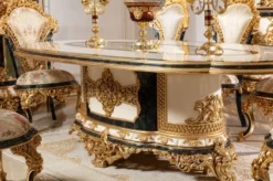 Casa Padrino Luxus Barock Esszimmer Set Weiß / Mehrfarbig / Blau / Gold - 1 Barock Esstisch & 6 Barock Esszimmerstühle - Barock Esszimmer Möbel - Edel & Prunkvoll