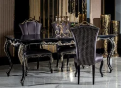 Casa Padrino Luxus Barock Esszimmer Set Lila / Schwarz / Gold - 1 Esstisch & 6 Esszimmerstühle - Barock Esszimmer Möbel - Edel & Prunkvoll