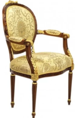 Casa Padrino Luxus Barock Esszimmer Stuhl mit Armlehnen Ludwig XV Gold Muster / Mahagoni Braun - Möbel