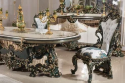 Casa Padrino Luxus Barock Esszimmer Set Weiß / Grün / Gold - 1 Barock Esstisch & 6 Barock Esszimmerstühle - Barock Esszimmer Möbel - Luxus Möbel im Barockstil - Edel & Prunkvoll - Luxus Qualität