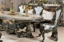 Casa Padrino Luxus Barock Esszimmer Set Weiß / Grün / Gold - 1 Barock Esstisch & 6 Barock Esszimmerstühle - Barock Esszimmer Möbel - Luxus Möbel im Barockstil - Edel & Prunkvoll - Luxus Qualität