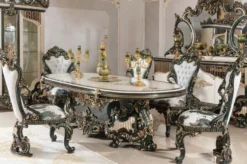 Casa Padrino Luxus Barock Esszimmer Set Weiß / Grün / Gold - 1 Barock Esstisch & 6 Barock Esszimmerstühle - Barock Esszimmer Möbel - Luxus Möbel im Barockstil - Edel & Prunkvoll - Luxus Qualität