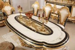 Casa Padrino Luxus Barock Esstisch Weiß / Blau / Gold - Prunkvoller Massivholz Esszimmertisch im Barockstil - Barock Esszimmer Möbel - Edel & Prunkvoll
