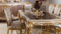 Casa Padrino Luxus Barock Esszimmer Set Weiß / Silber / Braun / Gold - 1 Barock Esstisch & 6 Barock Esszimmerstühle - Barock Esszimmer Möbel - Edel & Prunkvoll