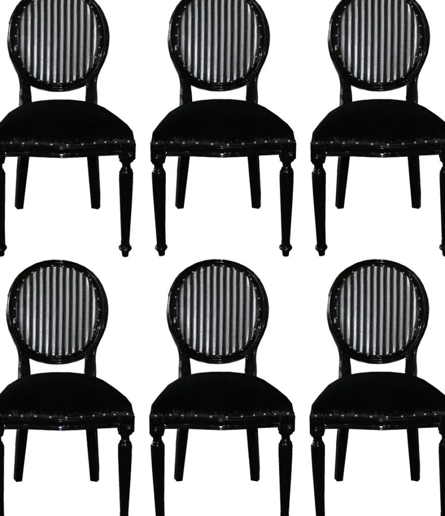 Casa Padrino Luxus Barock Esszimmer Set Medaillon Schwarz / Silber 50 x 52 x H. 99 cm - 6 handgefertigte Esszimmerstühle - Barock Esszimmermöbel