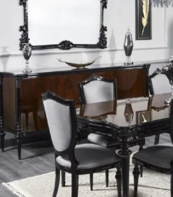 Casa Padrino Luxus Barock Esszimmer Set Silbergrau / Schwarz - 1 Barock Esstisch & 6 Barock Esszimmerstühle