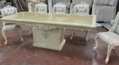 Casa Padrino Luxus Barock Esszimmer Set Silber / Beige / Weiß - 1 Barock Esstisch & 6 Barock Esszimmerstühle - Luxus Esszimmer Möbel im Barockstil - Prunkvolle Barock Esszimmer Möbel