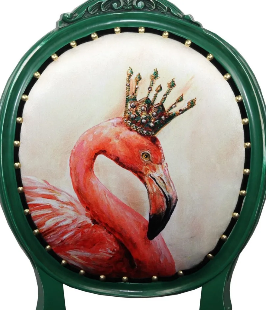 Casa Padrino Luxus Barock Esszimmer Set Flamingo mit Krone Grün / Schwarz / Mehrfarbig 48 x 50 x H. 98 cm - 4 handgefertigte Esszimmerstühle mit Bling Bling Glitzersteinen - Barock Esszimmermöbel