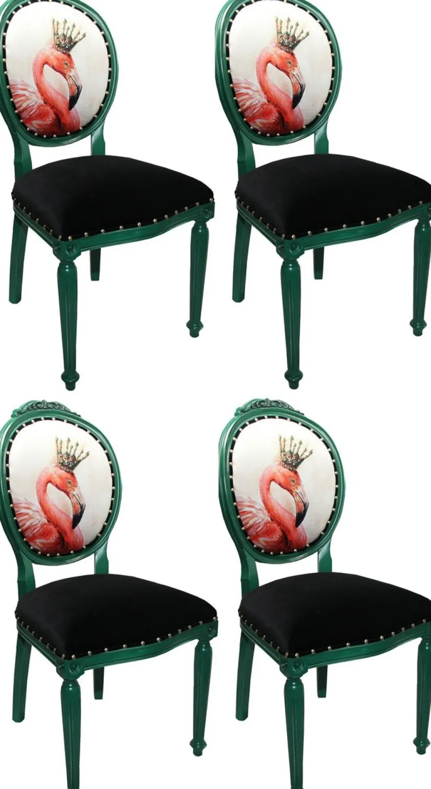 Casa Padrino Luxus Barock Esszimmer Set Flamingo mit Krone Grün / Schwarz / Mehrfarbig 48 x 50 x H. 98 cm - 4 handgefertigte Esszimmerstühle mit Bling Bling Glitzersteinen - Barock Esszimmermöbel