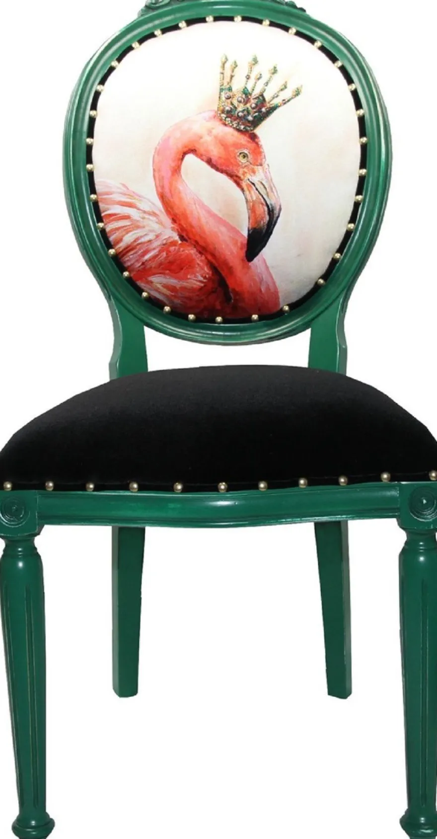 Casa Padrino Luxus Barock Esszimmer Set Flamingo mit Krone Grün / Schwarz / Mehrfarbig 48 x 50 x H. 98 cm - 4 handgefertigte Esszimmerstühle mit Bling Bling Glitzersteinen - Barock Esszimmermöbel
