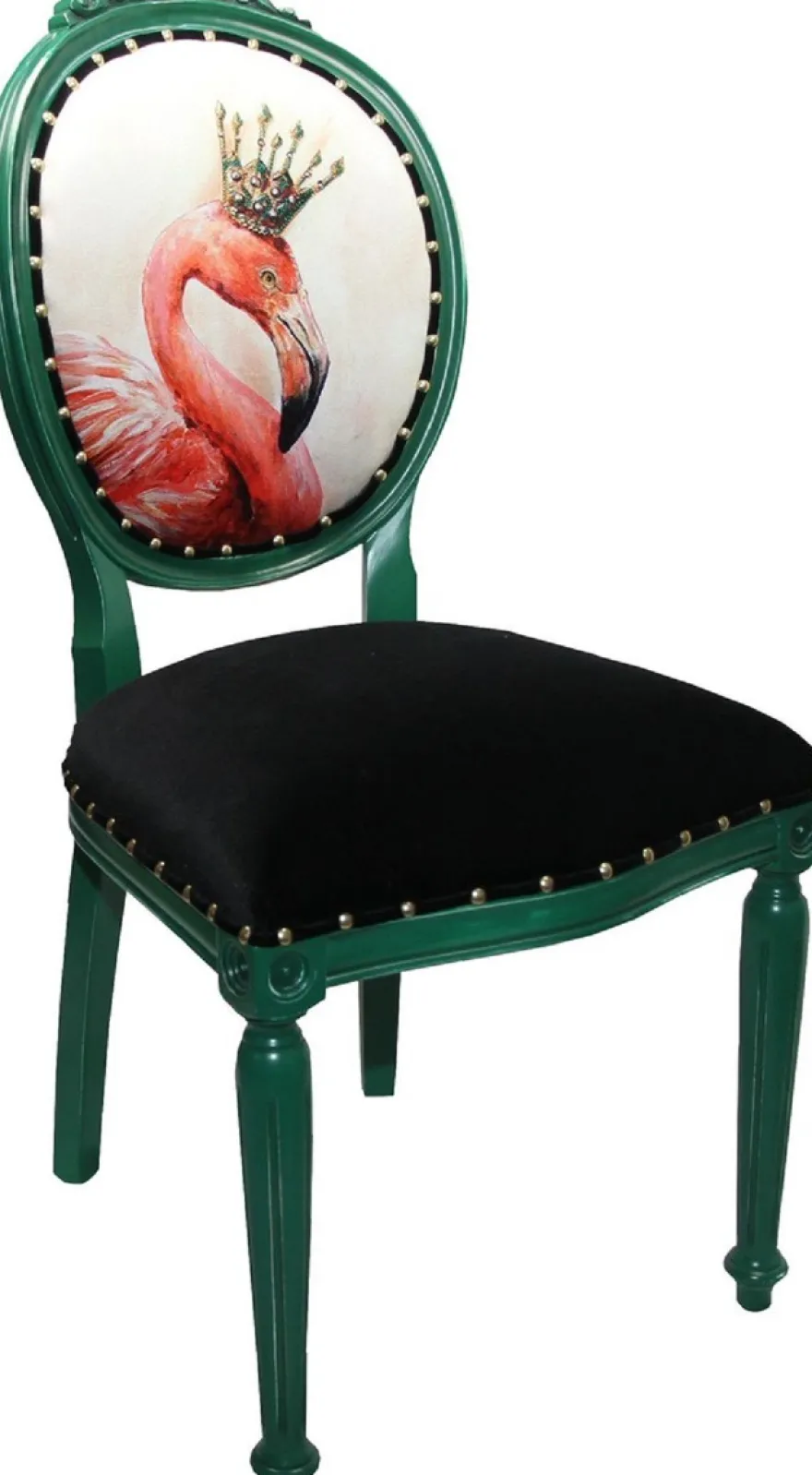 Casa Padrino Luxus Barock Esszimmer Set Flamingo mit Krone Grün / Schwarz / Mehrfarbig 48 x 50 x H. 98 cm - 4 handgefertigte Esszimmerstühle mit Bling Bling Glitzersteinen - Barock Esszimmermöbel