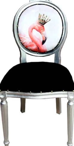 Casa Padrino Luxus Barock Esszimmer Set Flamingo mit Krone Schwarz / Mehrfarbig / Silber 48 x 50 x H. 98 cm - 4 handgefertigte Esszimmerstühle mit Bling Bling Glitzersteinen - Barock Esszimmermöbel