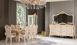 Casa Padrino Luxus Barock Esszimmer Set Weiß / Gold - 1 Esstisch & 8 Esszimmerstühle - Prunkvolle Esszimmer Möbel im Barockstil