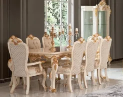 Casa Padrino Luxus Barock Esszimmer Set Weiß / Gold - 1 Esstisch & 8 Esszimmerstühle - Prunkvolle Esszimmer Möbel im Barockstil