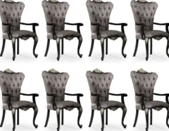 Casa Padrino Luxus Barock Esszimmer Stuhl 8er Set mit Armlehnen Silber / Schwarz / Silber - Prunkvolle Barockstil Küchen Stühle - Luxus Barock Esszimmer Möbel - Edel & Prunkvoll