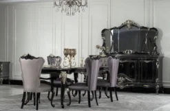 Casa Padrino Luxus Barock Esszimmer Stuhl 8er Set mit Armlehnen Silber / Schwarz / Silber - Prunkvolle Barockstil Küchen Stühle - Luxus Barock Esszimmer Möbel - Edel & Prunkvoll