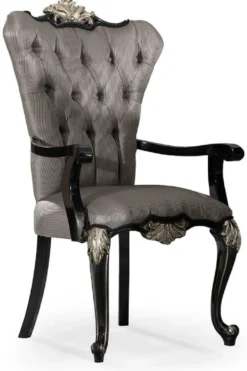 Casa Padrino Luxus Barock Esszimmer Stuhl 8er Set mit Armlehnen Silber / Schwarz / Silber - Prunkvolle Barockstil Küchen Stühle - Luxus Barock Esszimmer Möbel - Edel & Prunkvoll