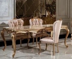 Casa Padrino Luxus Barock Esszimmer Set Weiß / Rosa / Gold - 1 Esstisch & 6 Esszimmerstühle - Edle Esszimmer Möbel im Barockstil