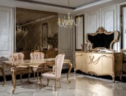 Casa Padrino Luxus Barock Esszimmer Set Weiß / Rosa / Gold - 1 Esstisch & 6 Esszimmerstühle - Edle Esszimmer Möbel im Barockstil
