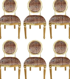 Casa Padrino Luxus Barock Esszimmer Set Medaillon Leopard / Gold 50 x 52 x H. 99 cm - 6 handgefertigte Esszimmerstühle - Barock Esszimmermöbel