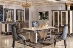 Casa Padrino Luxus Barock Esstisch Beige / Schwarz / Gold - Rechteckiger Barockstil Küchentisch - Luxus Esszimmer Möbel im Barockstil - Barock Esszimmer Möbel - Barock Einrichtung