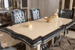 Casa Padrino Luxus Barock Esstisch Beige / Schwarz / Gold - Rechteckiger Barockstil Küchentisch - Luxus Esszimmer Möbel im Barockstil - Barock Esszimmer Möbel - Barock Einrichtung
