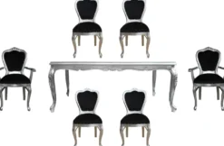 Casa Padrino Luxus Barock Esszimmer Set Schwarz / Silber - 1 Esstisch mit Glasplatte und 6 Stühle - Barock Esszimmermöbel - Made in Italy - Luxury Collection