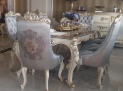 Casa Padrino Luxus Barock Esszimmerstuhl Set Silber / Creme / Gold - 6 Küchen Stühle im Barockstil - Barock Esszimmer Möbel