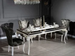Casa Padrino Luxus Barock Esstisch Weiß / Gold / Schwarz 207 x 104 x H. 78 cm - Massivholz Küchentisch mit Glasplatte - Edle Esszimmer Möbel im Barockstil