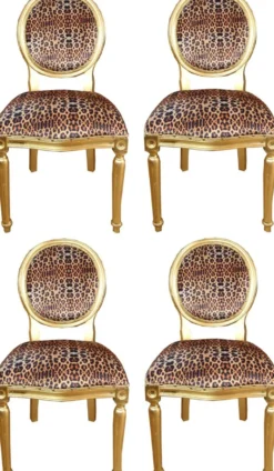 Casa Padrino Luxus Barock Esszimmer Set Medaillon Leopard / Gold 50 x 52 x H. 99 cm - 4 handgefertigte Esszimmerstühle - Barock Esszimmermöbel