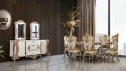 Casa Padrino Luxus Barock Esszimmerstuhl 8er Set Weiß / Creme / Beige / Schwarz / Gold - Barockstil Küchenstühle mit Muster - Luxus Esszimmer Möbel im Barockstil - Barock Esszimmer Möbel