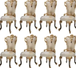 Casa Padrino Luxus Barock Esszimmerstuhl 8er Set Weiß / Creme / Beige / Schwarz / Gold - Barockstil Küchenstühle mit Muster - Luxus Esszimmer Möbel im Barockstil - Barock Esszimmer Möbel