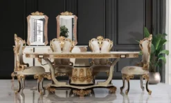 Casa Padrino Luxus Barock Esszimmerstuhl 8er Set Weiß / Creme / Beige / Schwarz / Gold - Barockstil Küchenstühle mit Muster - Luxus Esszimmer Möbel im Barockstil - Barock Esszimmer Möbel