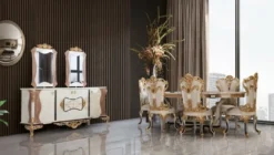 Casa Padrino Luxus Barock Esszimmerstuhl 6er Set Weiß / Creme / Beige / Schwarz / Gold - Barockstil Küchenstühle mit Muster - Luxus Esszimmer Möbel im Barockstil - Barock Esszimmer Möbel