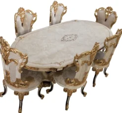 Casa Padrino Luxus Barock Esszimmerstuhl 6er Set Weiß / Creme / Beige / Schwarz / Gold - Barockstil Küchenstühle mit Muster - Luxus Esszimmer Möbel im Barockstil - Barock Esszimmer Möbel