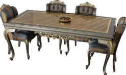 Casa Padrino Luxus Barock Esszimmer Set Blau / Grau / Gold - 1 Esszimmertisch & 6 Esszimmerstühle - Edle Barock Esszimmer Möbel - Edel & Prunkvoll