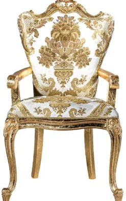 Casa Padrino Luxus Barock Esszimmerstuhl Set Weiß / Gold - 6 handgefertigte Küchen Stühle mit Armlehnen und elegantem Muster - Barock Esszimmer Möbel - Edel & Prunkvoll